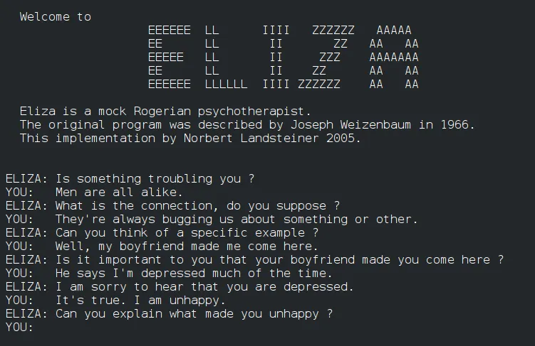 Blick in die Vergangenheit: Ein Auszug aus einem Gespräch mit Eliza, dem wegweisenden Old School Chatbot.